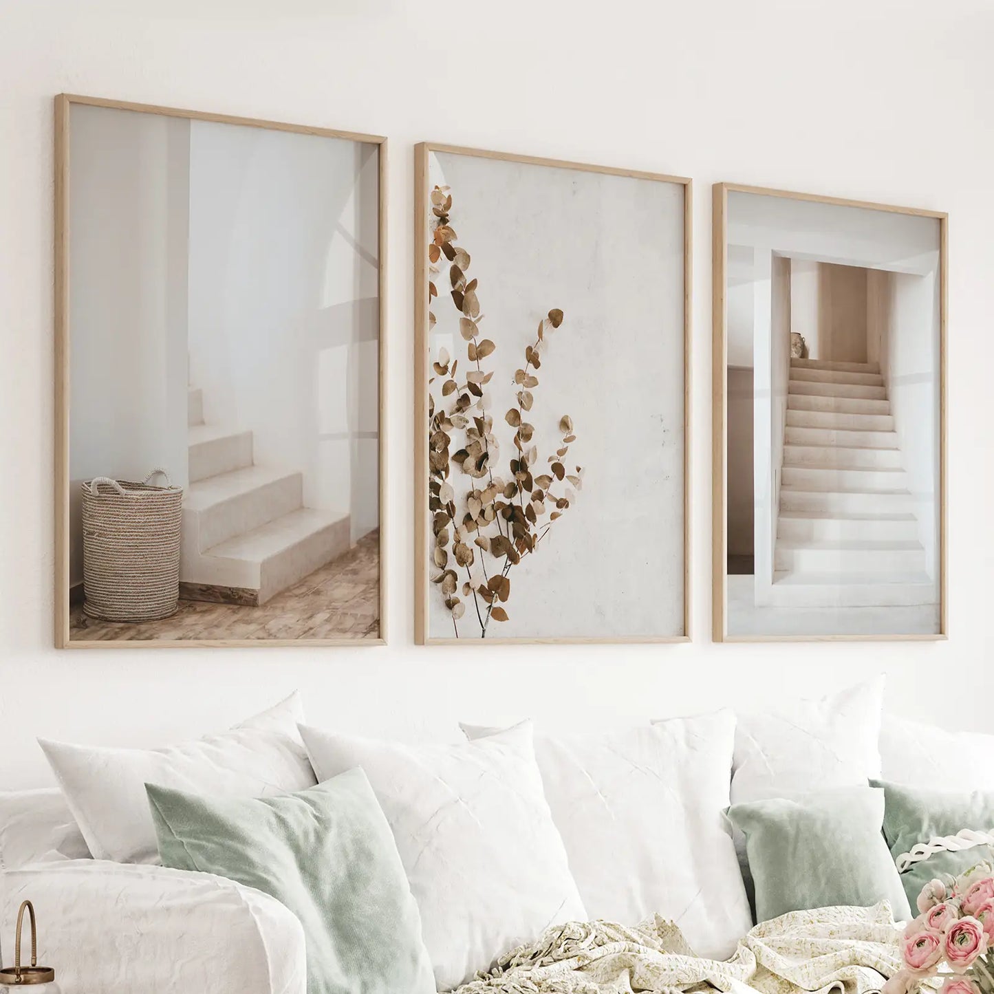 Set of 3 boho architectural wall art prints with eucalyptus and stairway
