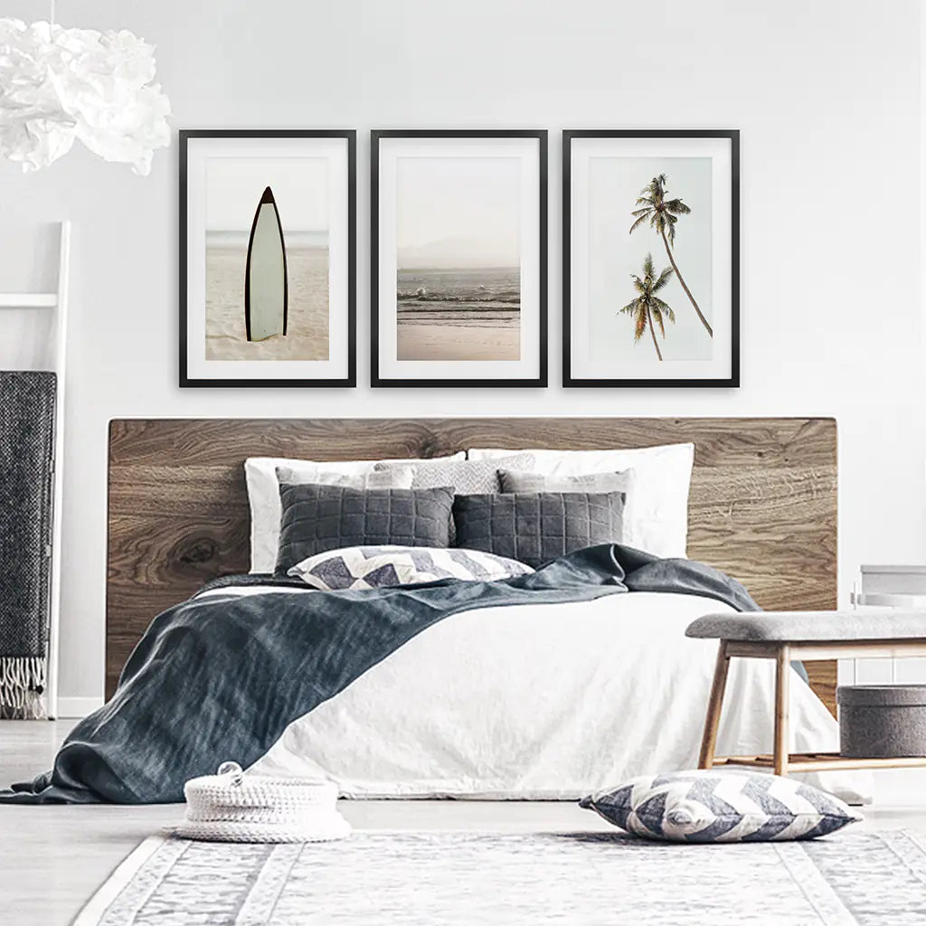 Beige Coastal Wall Art Set of 3. Surfboard, Ocean, Palm