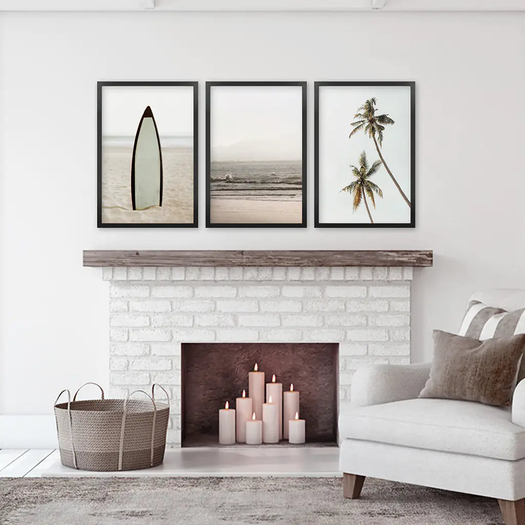 Beige Coastal Wall Art Set of 3. Surfboard, Ocean, Palm