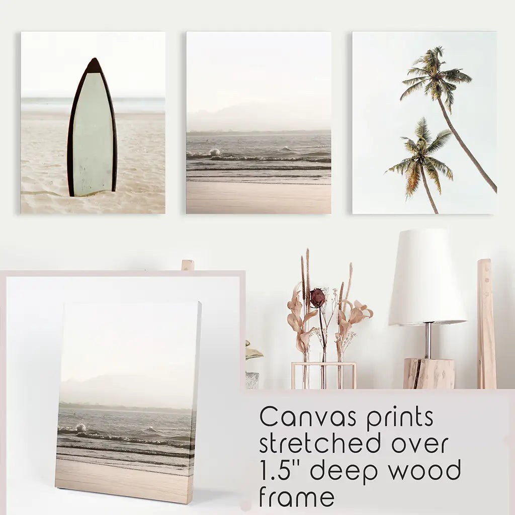 Beige Coastal Wall Art Set of 3. Surfboard, Ocean, Palm