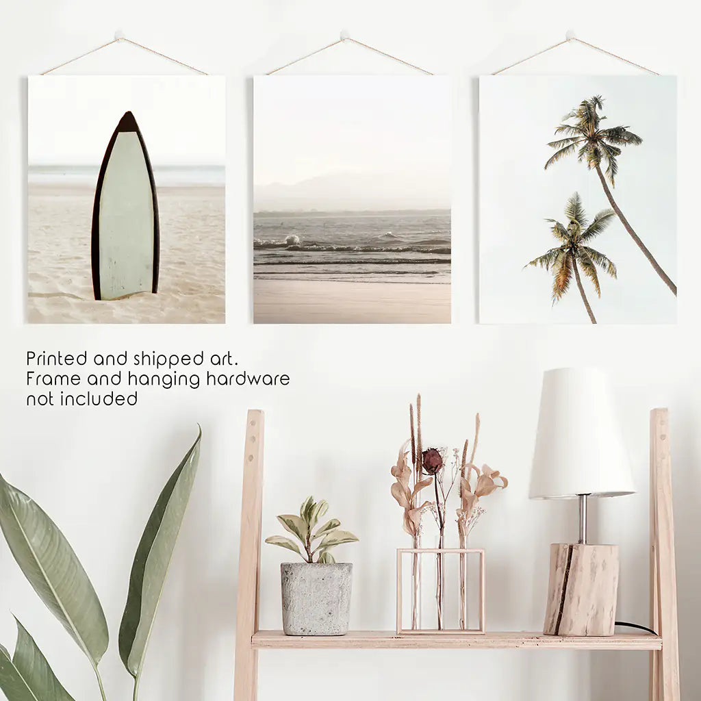 Beige Coastal Wall Art Set of 3. Surfboard, Ocean, Palm