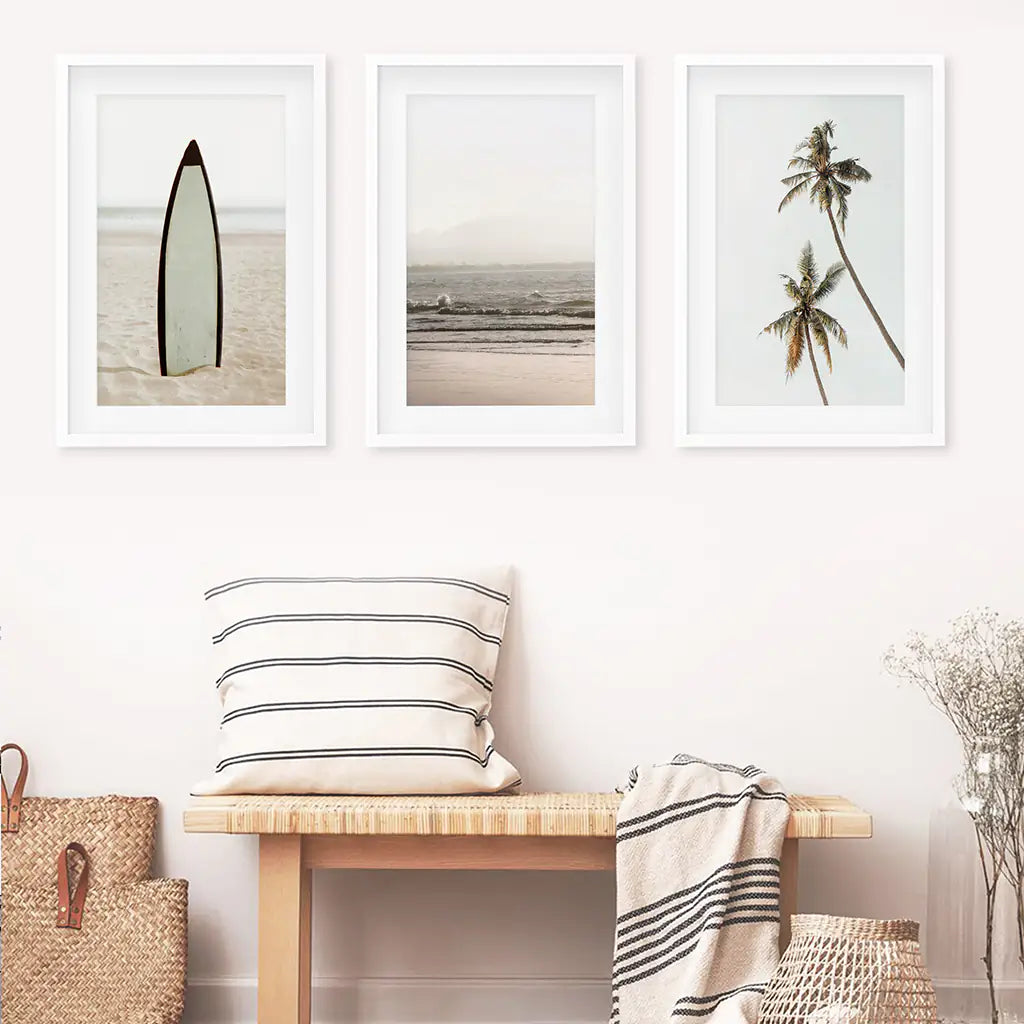 Beige Coastal Wall Art Set of 3. Surfboard, Ocean, Palm