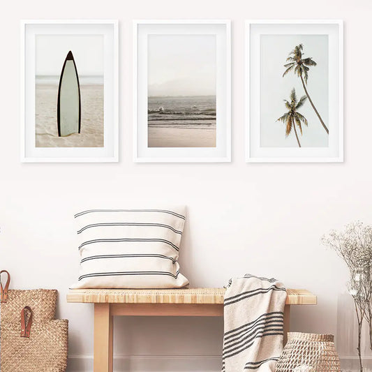 Beige Coastal Wall Art Set of 3. Surfboard, Ocean, Palm