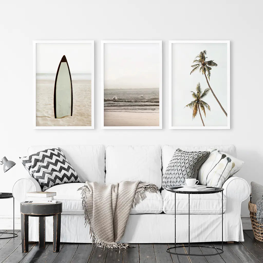Beige Coastal Wall Art Set of 3. Surfboard, Ocean, Palm