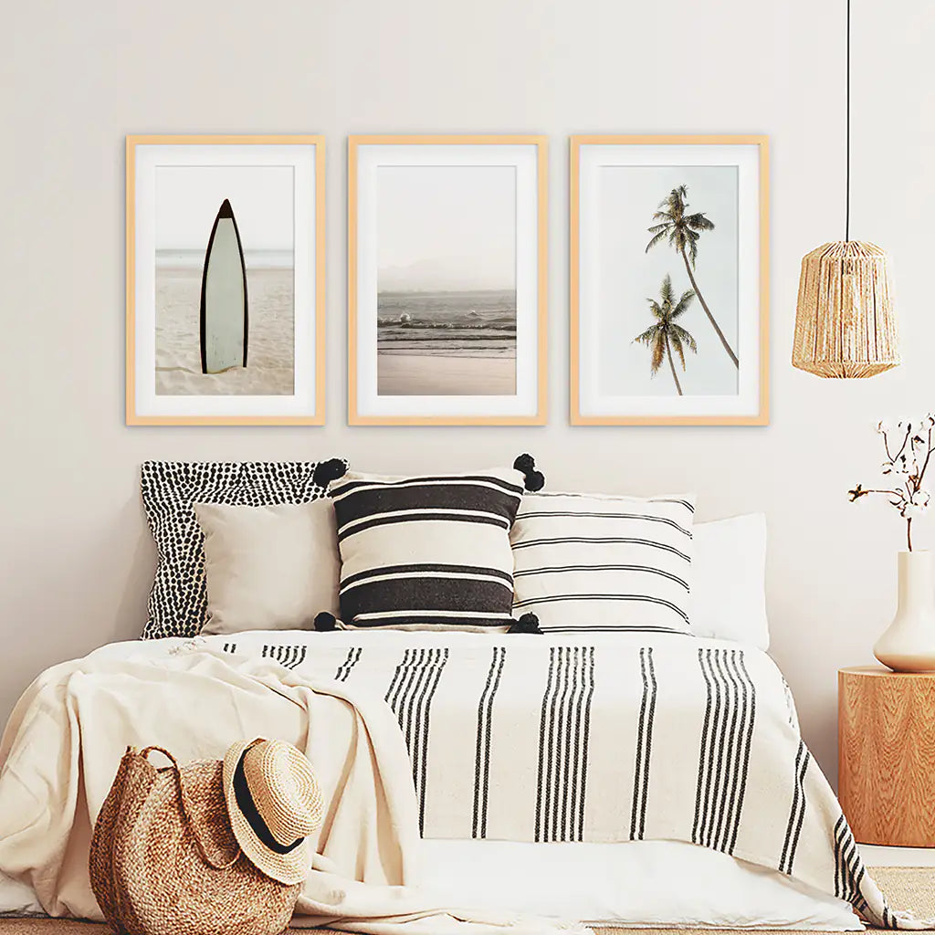 Beige Coastal Wall Art Set of 3. Surfboard, Ocean, Palm