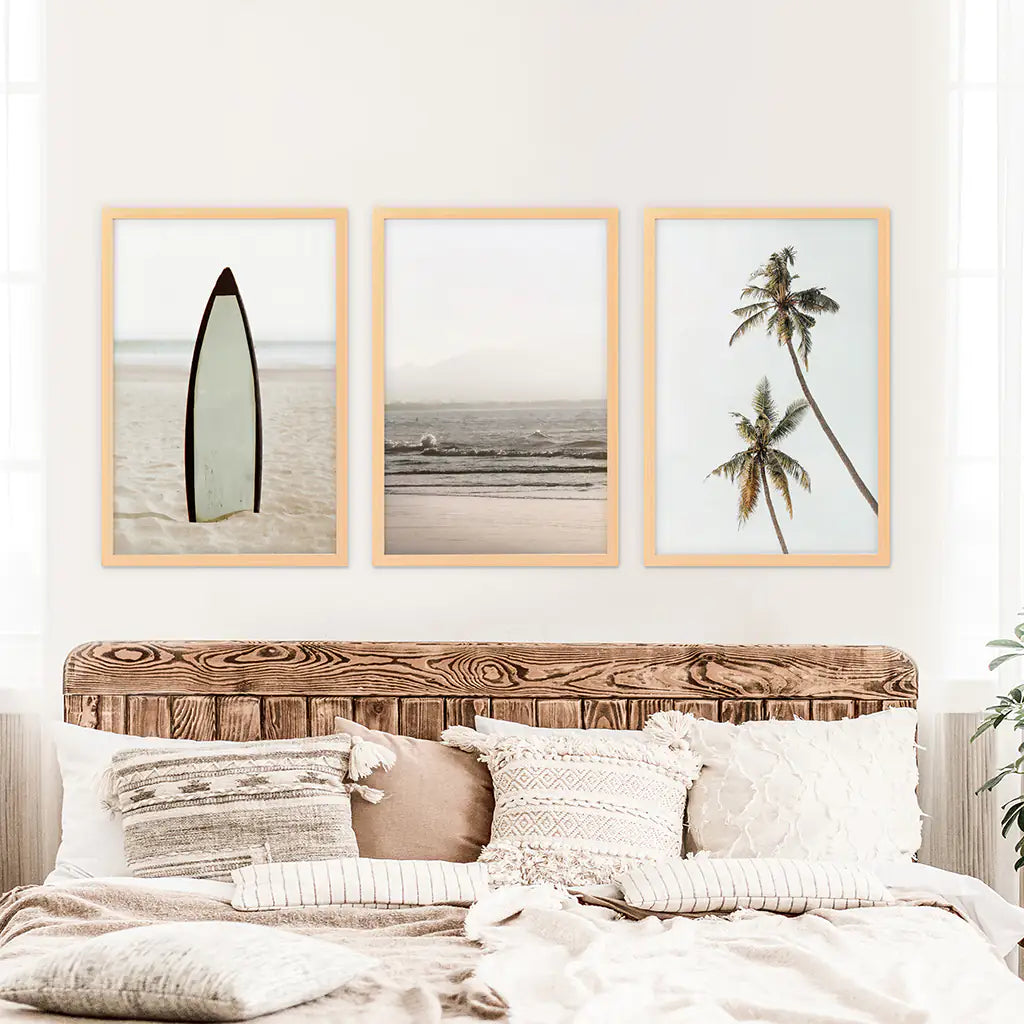 Beige Coastal Wall Art Set of 3. Surfboard, Ocean, Palm