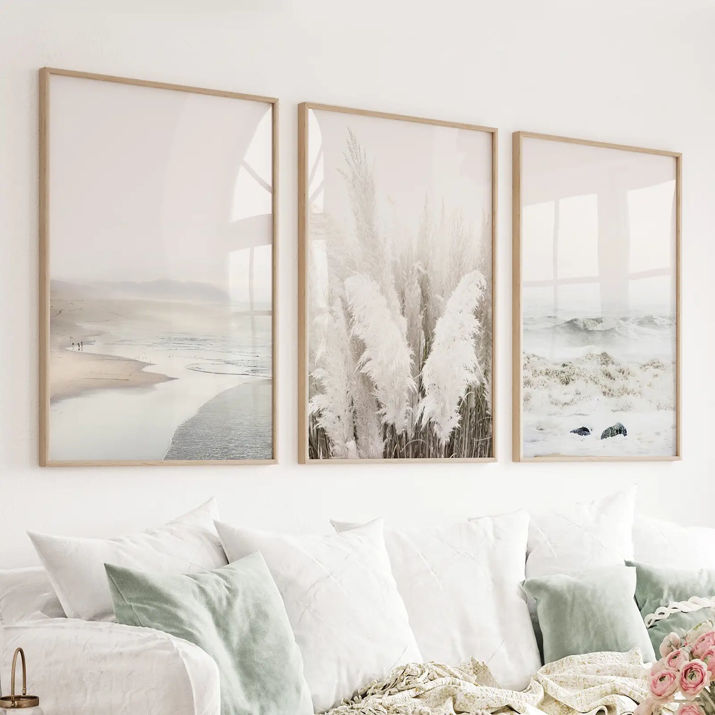 Beige boho beach 3 piece coastal wall art set in warm sandy tones