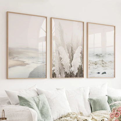 Beige boho beach 3 piece coastal wall art set in warm sandy tones