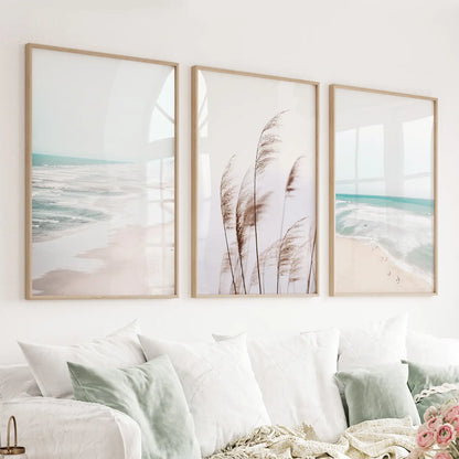 Coastal boho wall art set with beach pampas grass and blue ocean waves