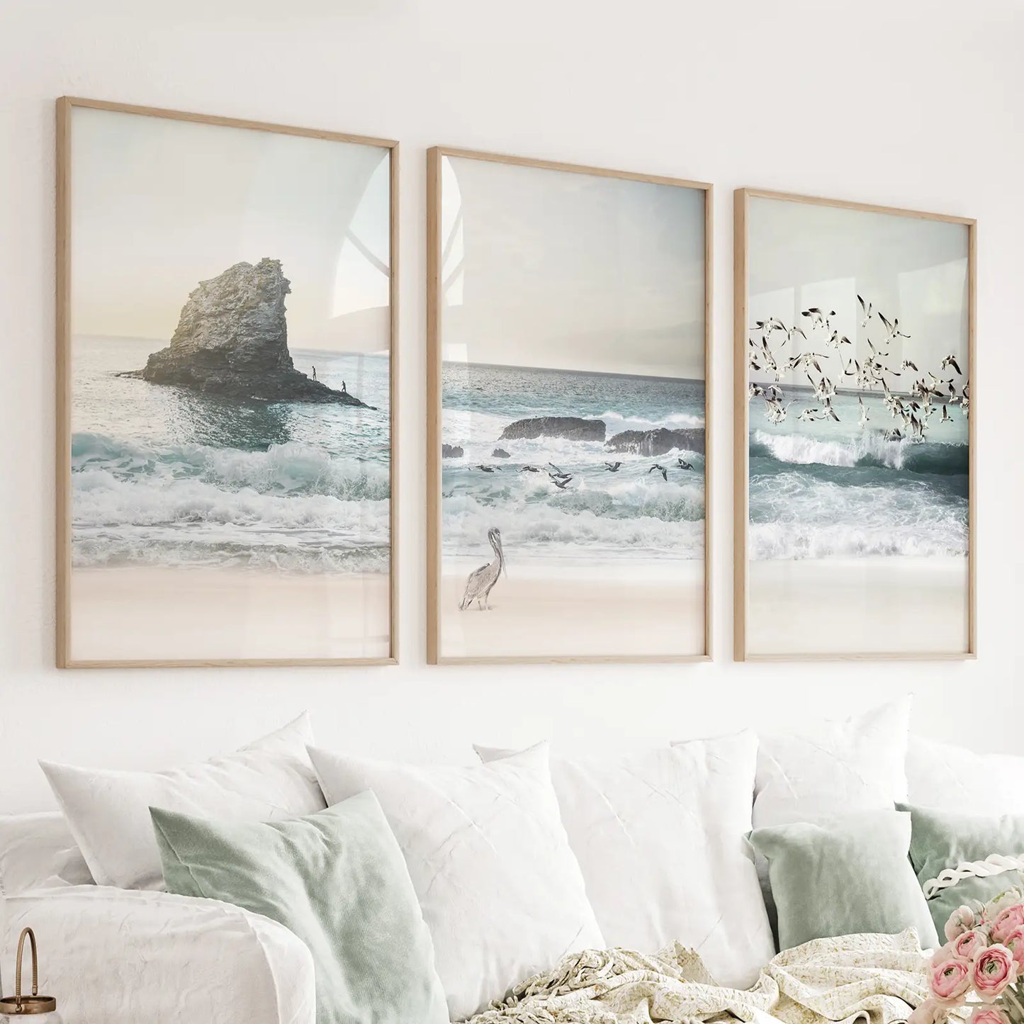 Ocean beach with rocks 3 piece coastal wall art set in beige and blue