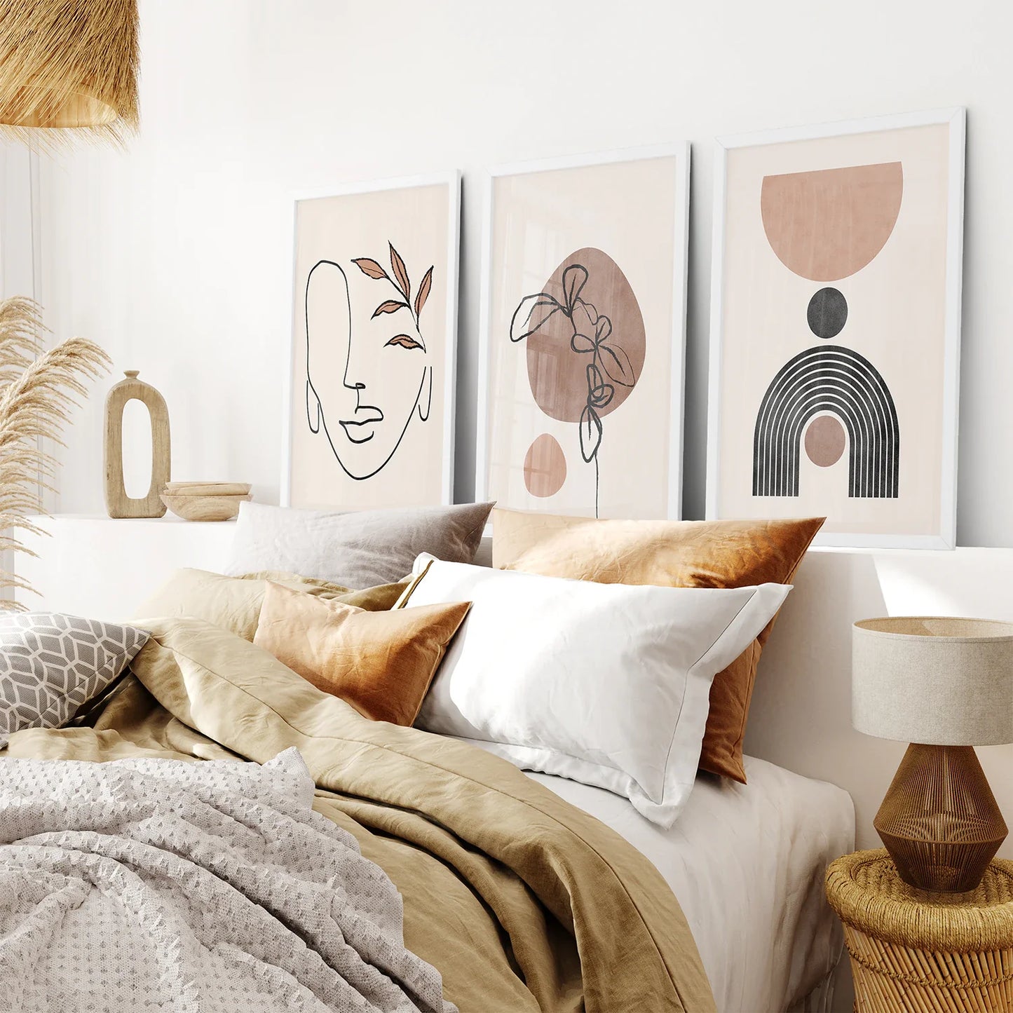 Boho Abstract Wall Art Set of 3, Earth Tone Triptych
