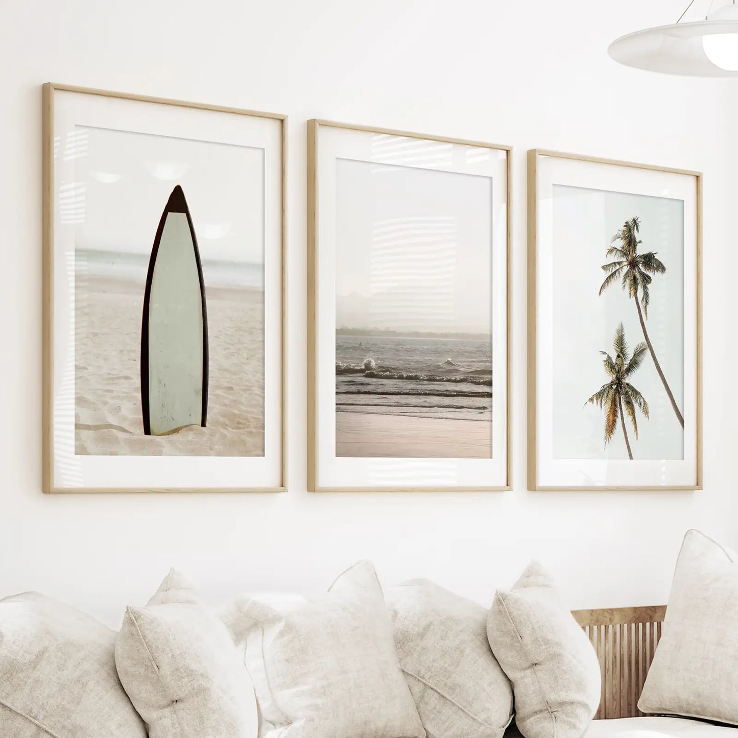 Beige Coastal Wall Art Set of 3. Surfboard, Ocean, Palm