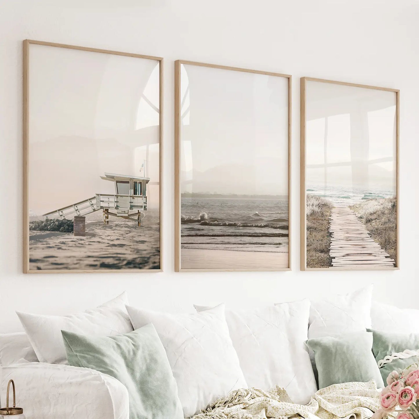 Set of 3 beige coastal wall art prints with waves beach path and lifeguard house