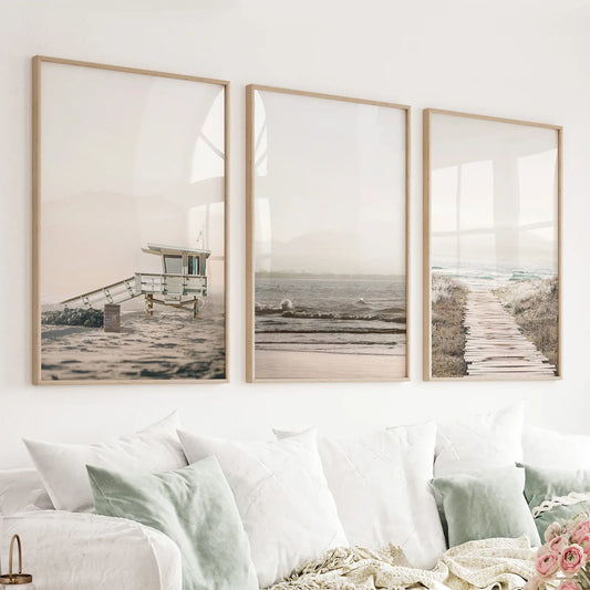 Set of 3 beige coastal wall art prints with waves beach path and lifeguard house