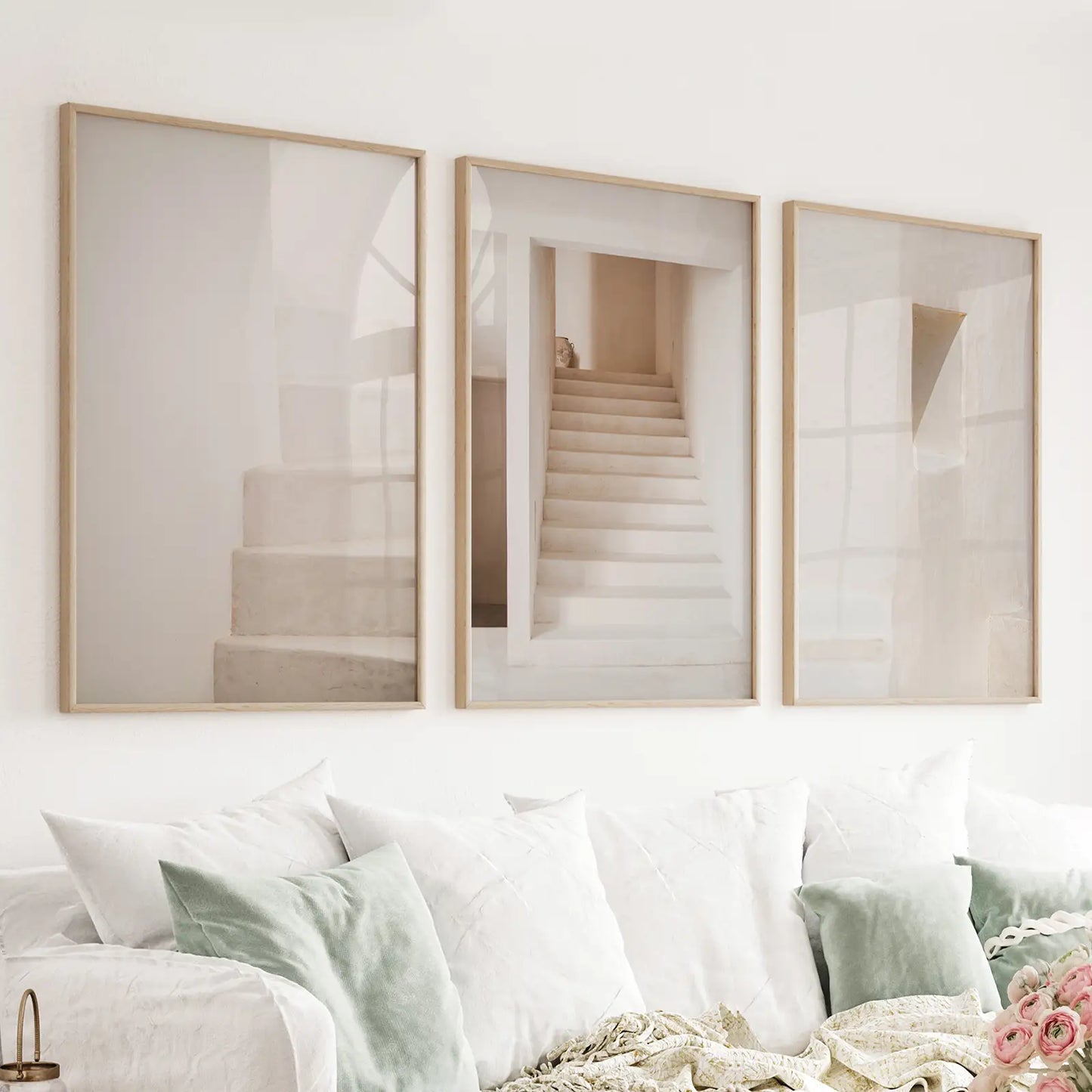 Beige architectural stairway wall art set of 3 in light tones