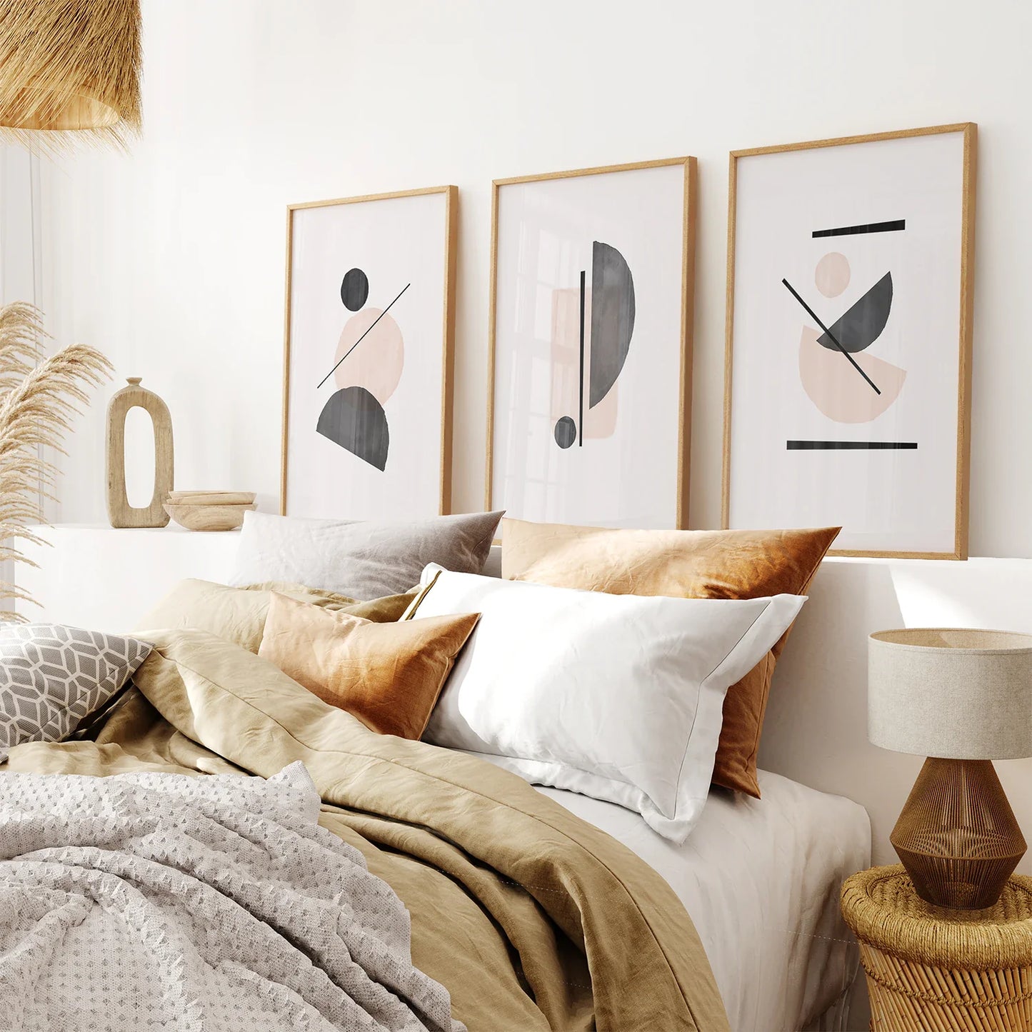 Mid-Century Modern Abstract Wall Art Set of 3 - Beige and Black
