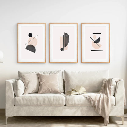 Mid-Century Modern Abstract Wall Art Set of 3 - Beige and Black