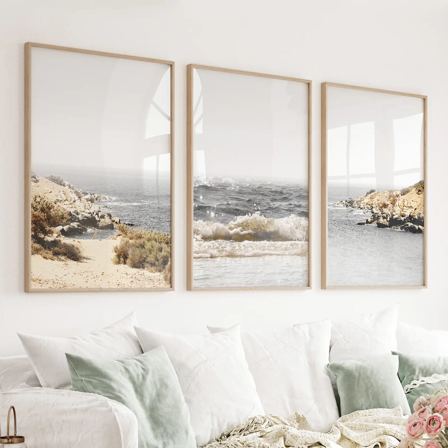 Set of 3 beige and gray ocean beach prints with waves and rocks