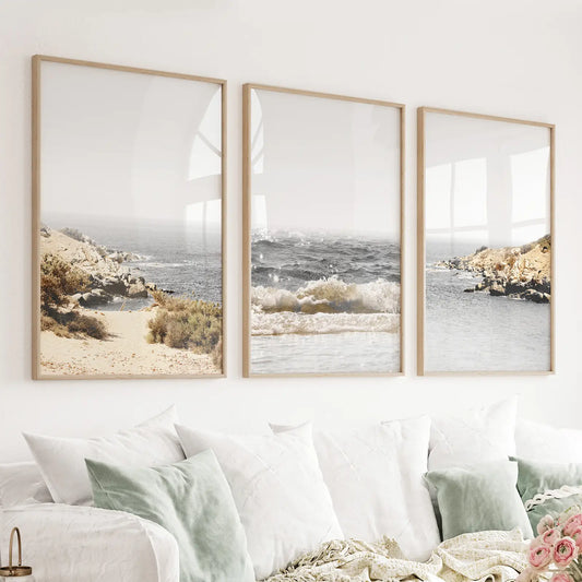 Set of 3 beige and gray ocean beach prints with waves and rocks