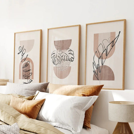 Watercolor boho wall art set of 3 prints with terracotta tropical plant leaves