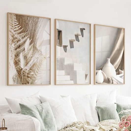Set of 3 neutral boho wall art prints with terracotta vase and stairs