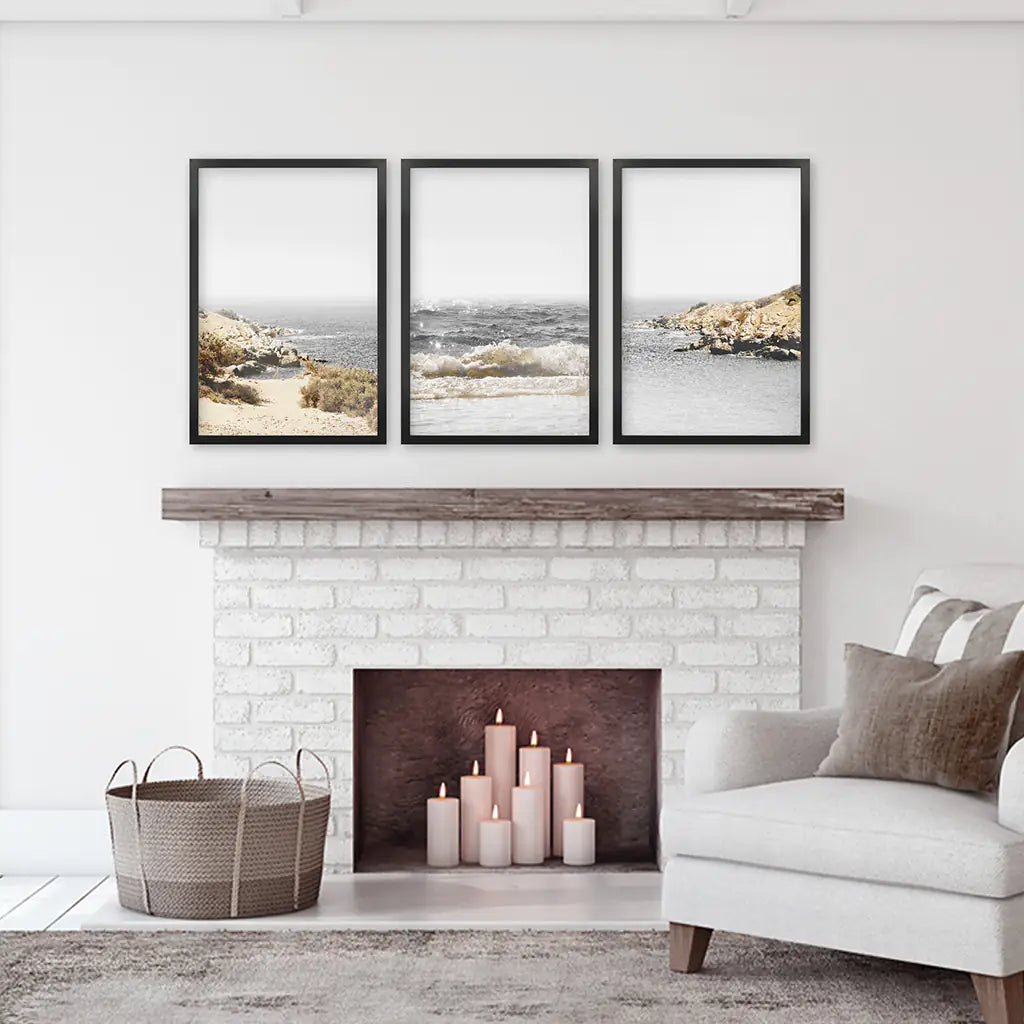 Beige Ocean Beach Wall Art Set of 3. Gray Waves, Rocks