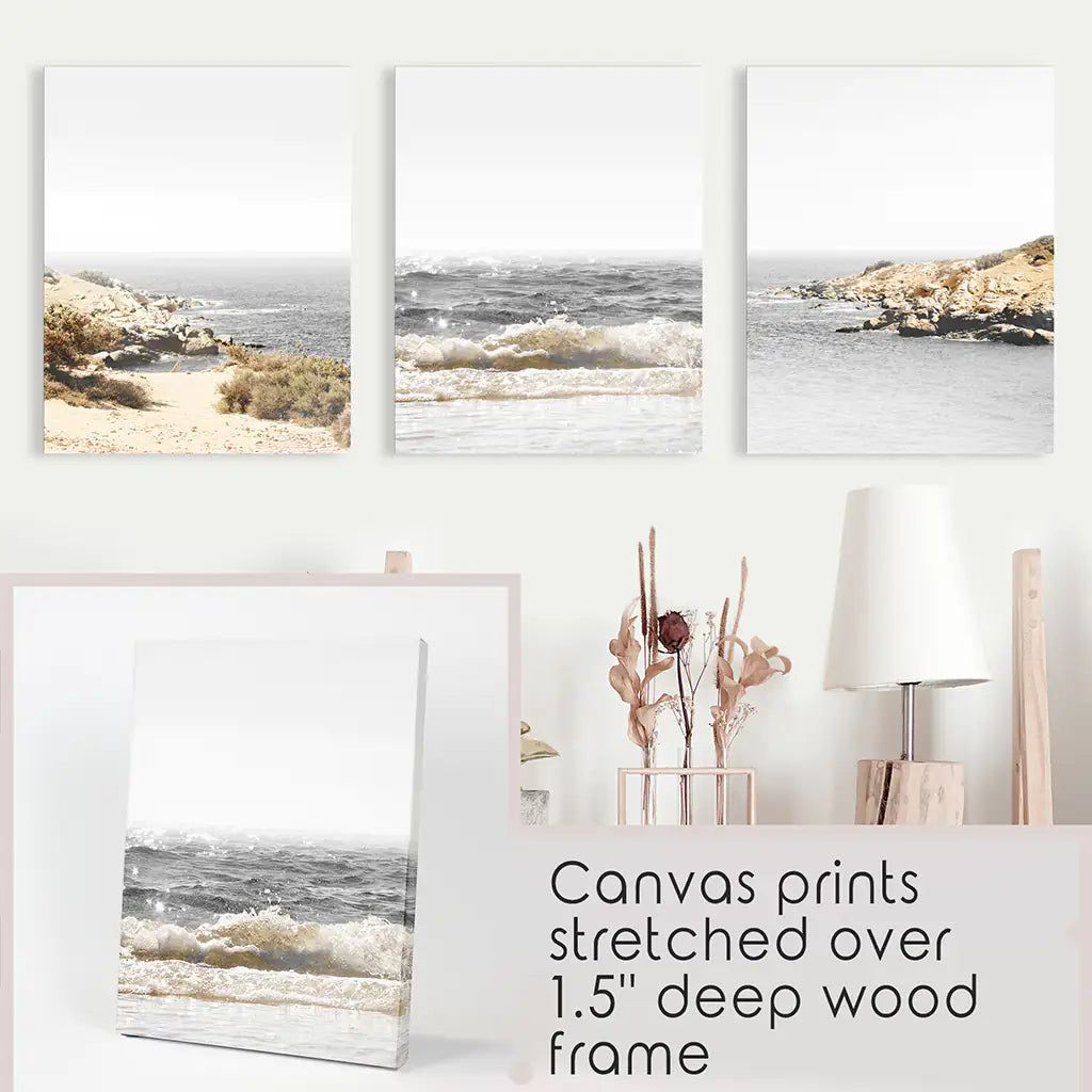 Beige Ocean Beach Wall Art Set of 3. Gray Waves, Rocks