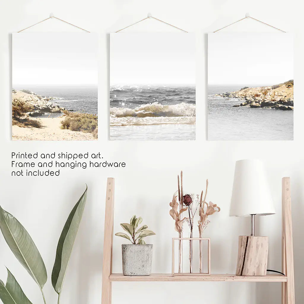 Beige Ocean Beach Wall Art Set of 3. Gray Waves, Rocks
