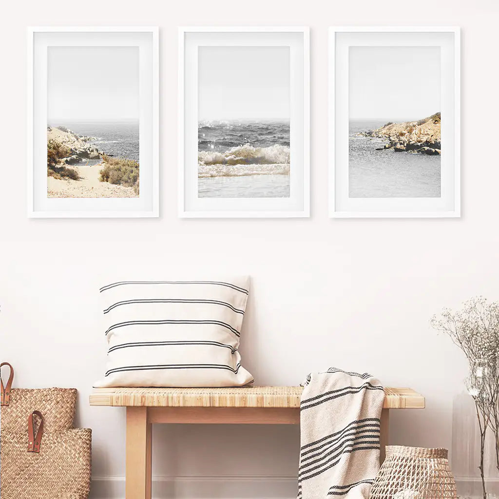 Beige Ocean Beach Wall Art Set of 3. Gray Waves, Rocks