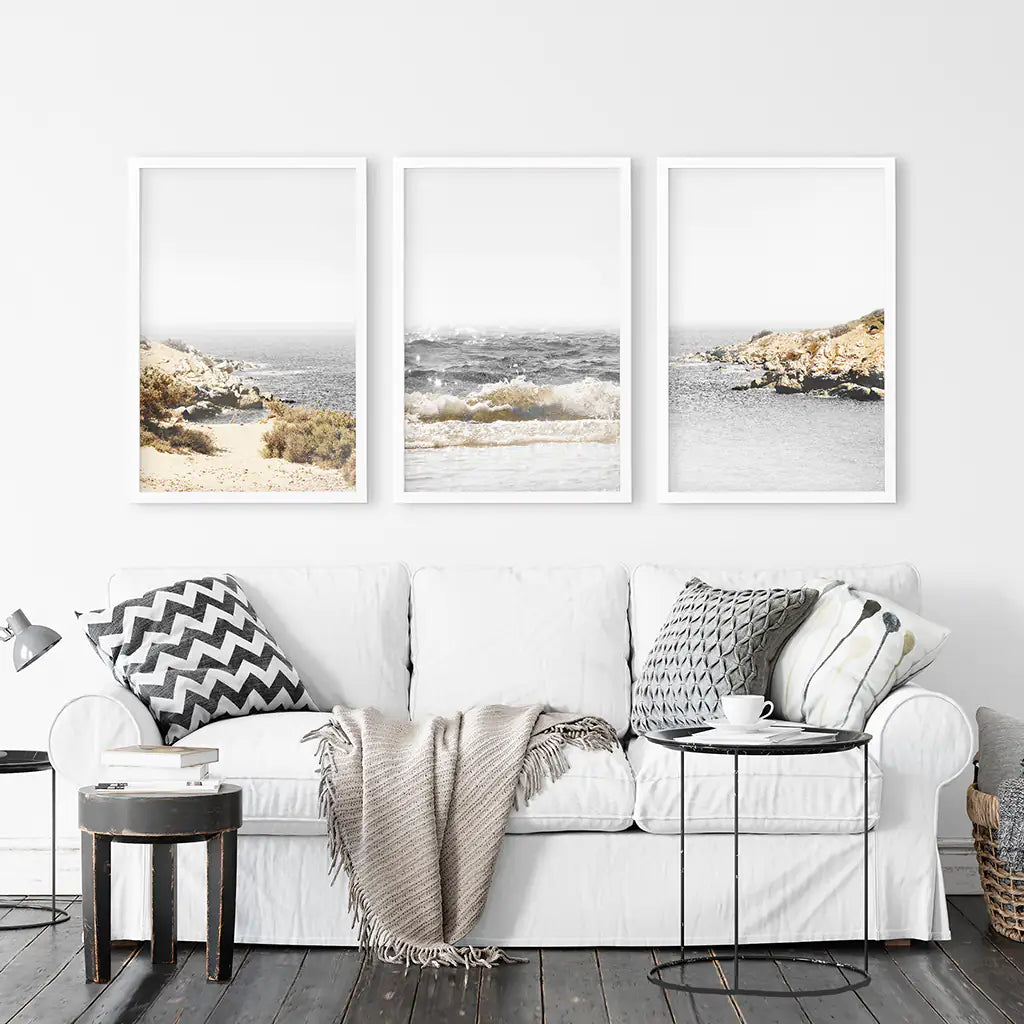 Beige Ocean Beach Wall Art Set of 3. Gray Waves, Rocks