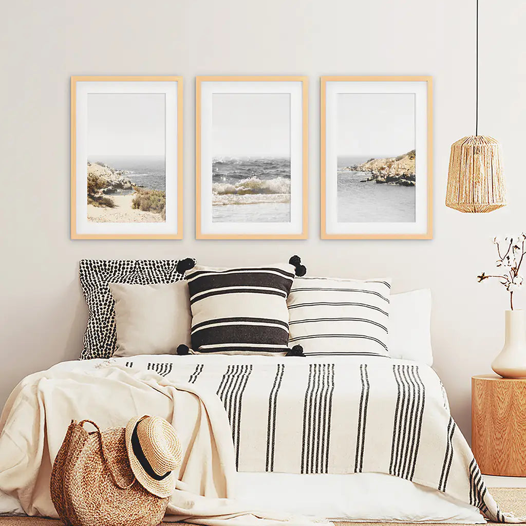 Beige Ocean Beach Wall Art Set of 3. Gray Waves, Rocks