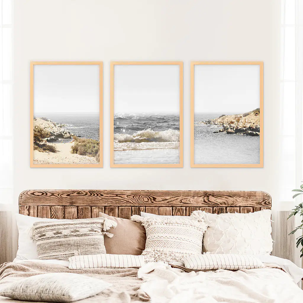 Beige Ocean Beach Wall Art Set of 3. Gray Waves, Rocks
