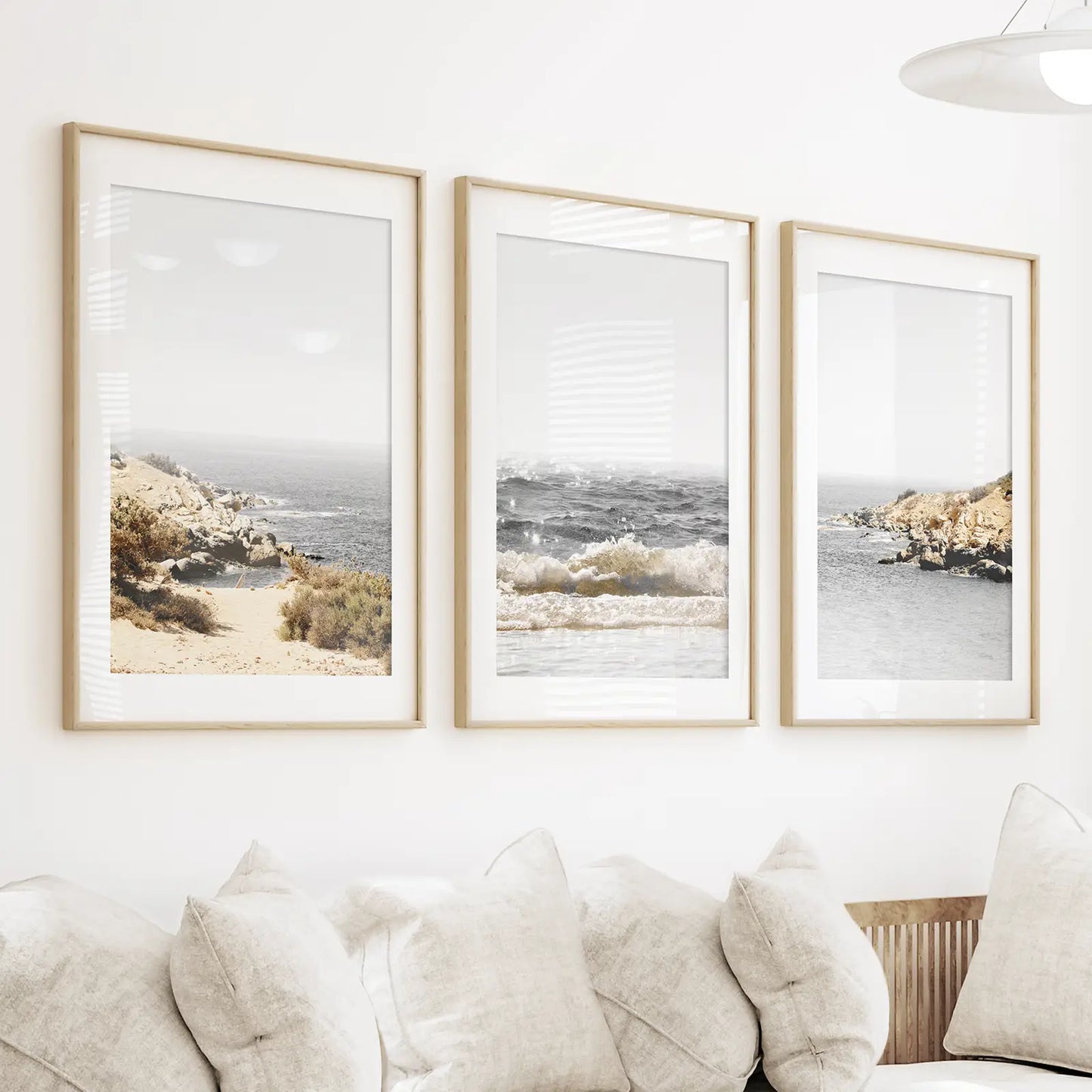 Beige Ocean Beach Wall Art Set of 3. Gray Waves, Rocks