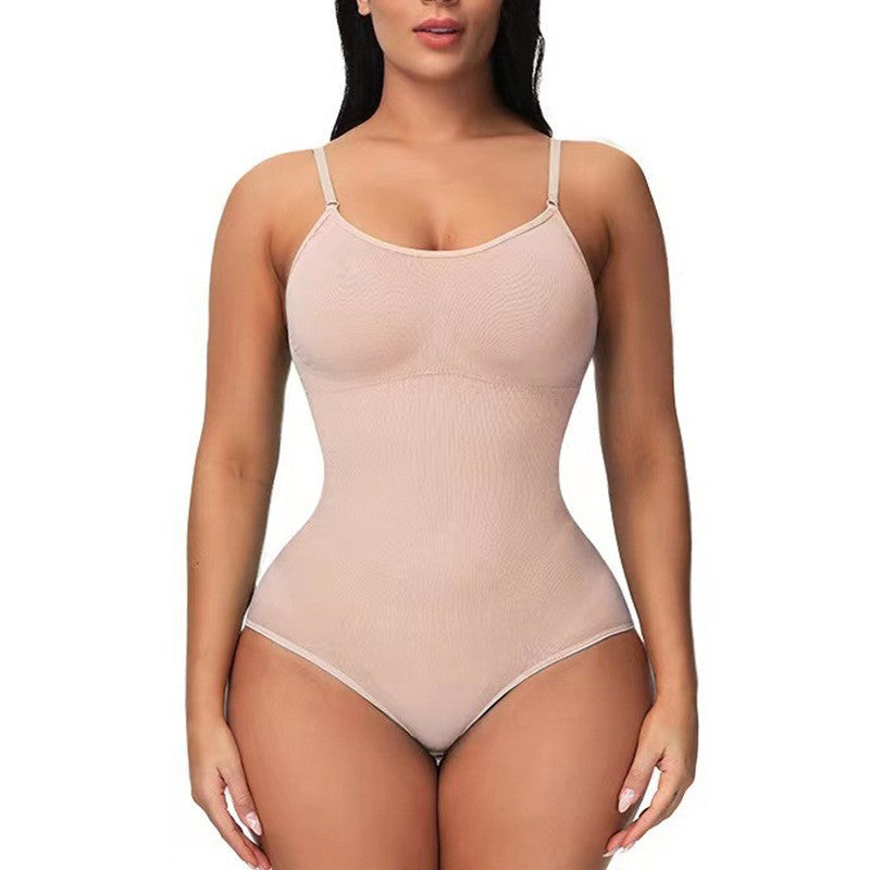 Beige bodysuit shapewear worn by a model on a white background