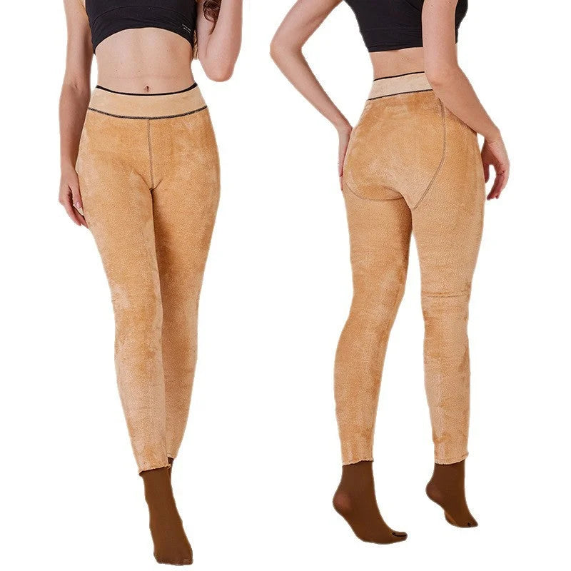 Beige fleece-lined warm tights front and back - women's thermal one-piece pants for winter cold weather