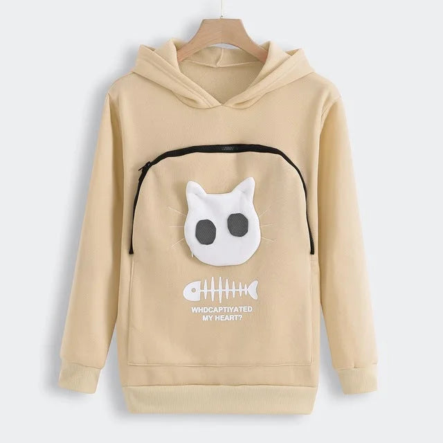 Beige hoodie with front kangaroo pouch shaped like a cat face and a white fishbone print.