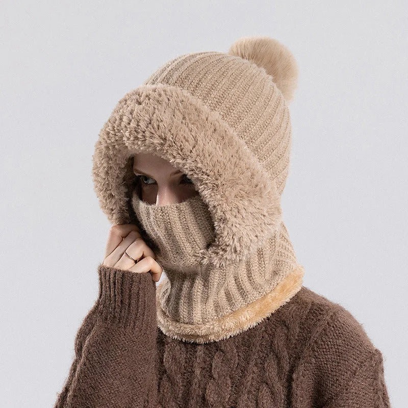 Beige knitted winter hat scarf mask with pom pom and ribbed texture