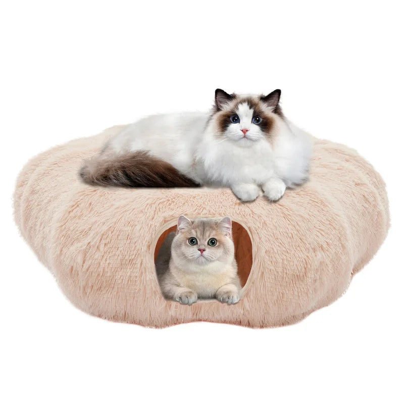 Beige plush cat cave tunnel bed with one cat inside and another resting on top