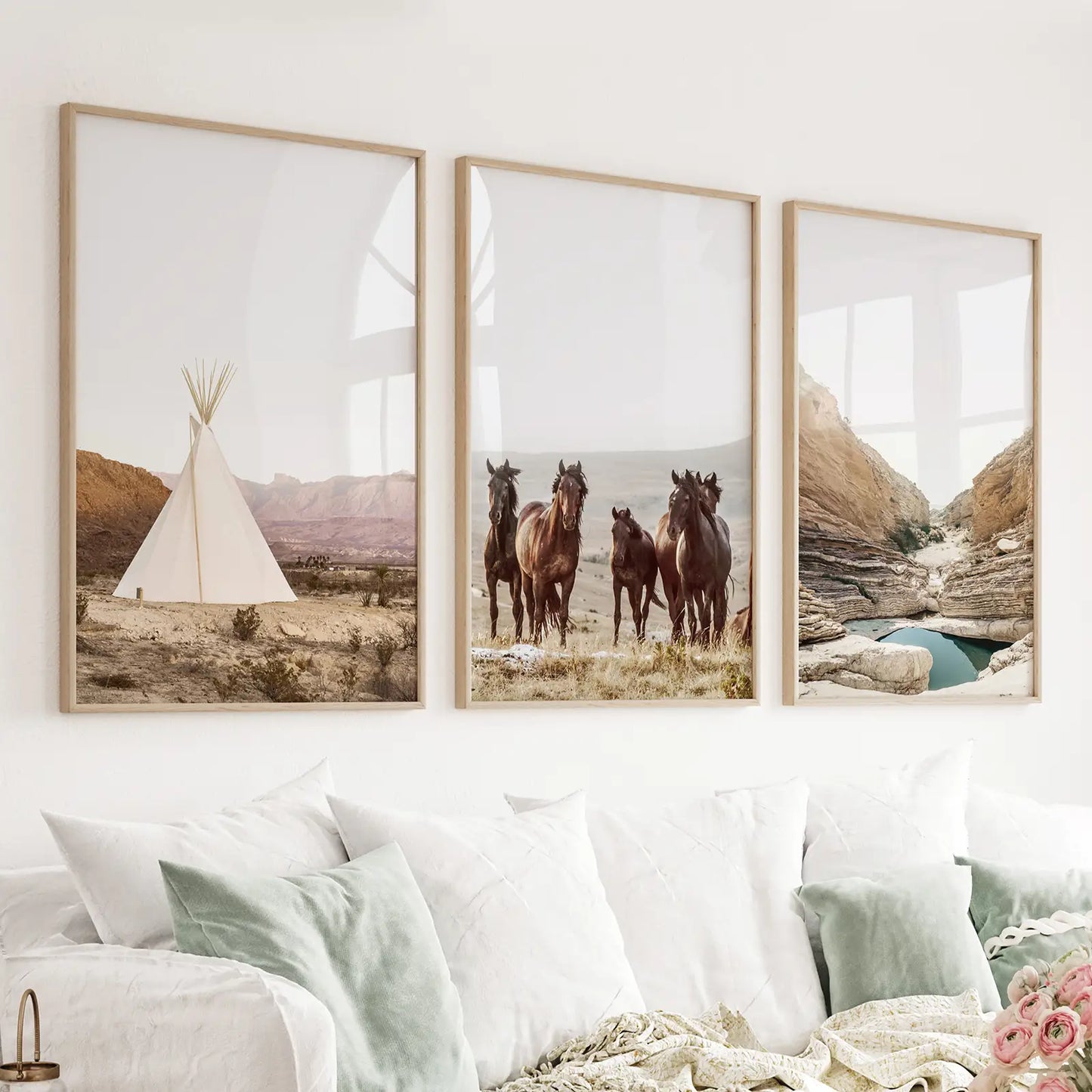 Southwest desert landscape wall art wild horses teepee set of 3