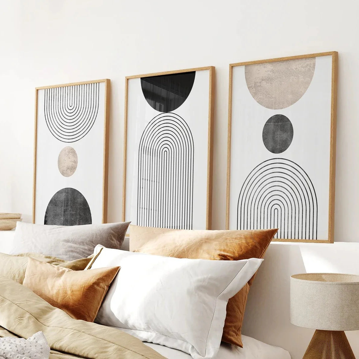 Neutral mid-century modern boho wall art set of 3 prints with black rainbow shapes