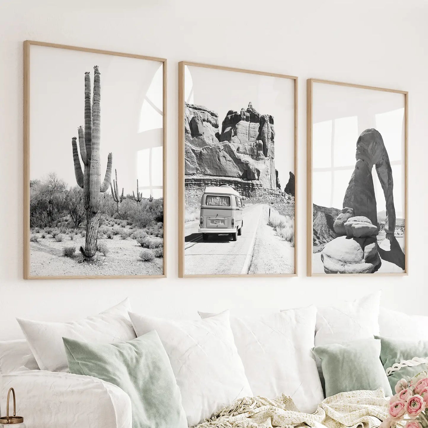 Set of 3 black and white southwestern desert prints with a cactus, arches, and bus