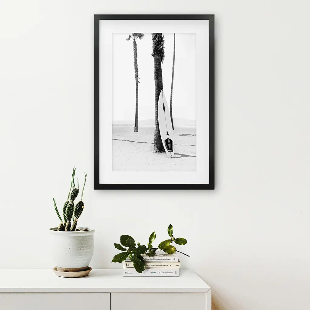 Black and White Boho Summer Poster - Surfboard and Palm Trees