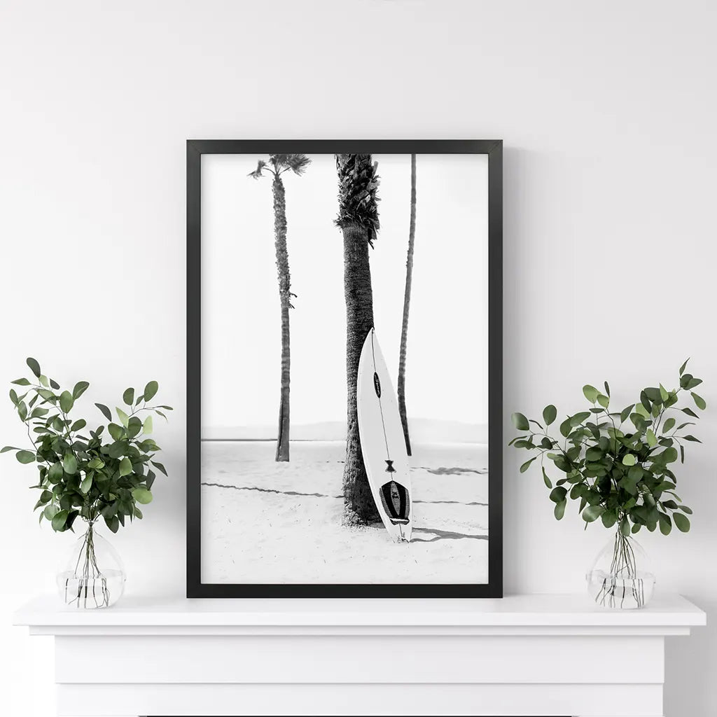 Black and White Boho Summer Poster - Surfboard and Palm Trees