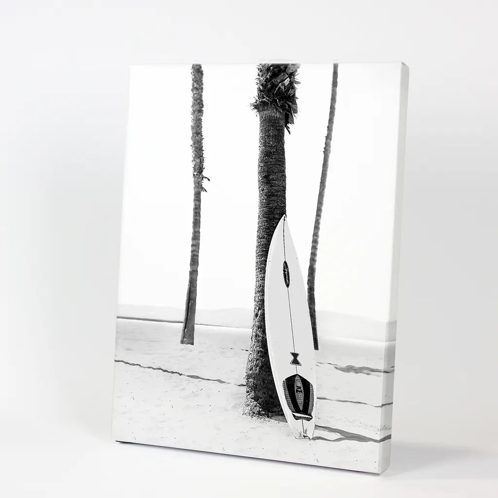 Black and White Boho Summer Poster - Surfboard and Palm Trees