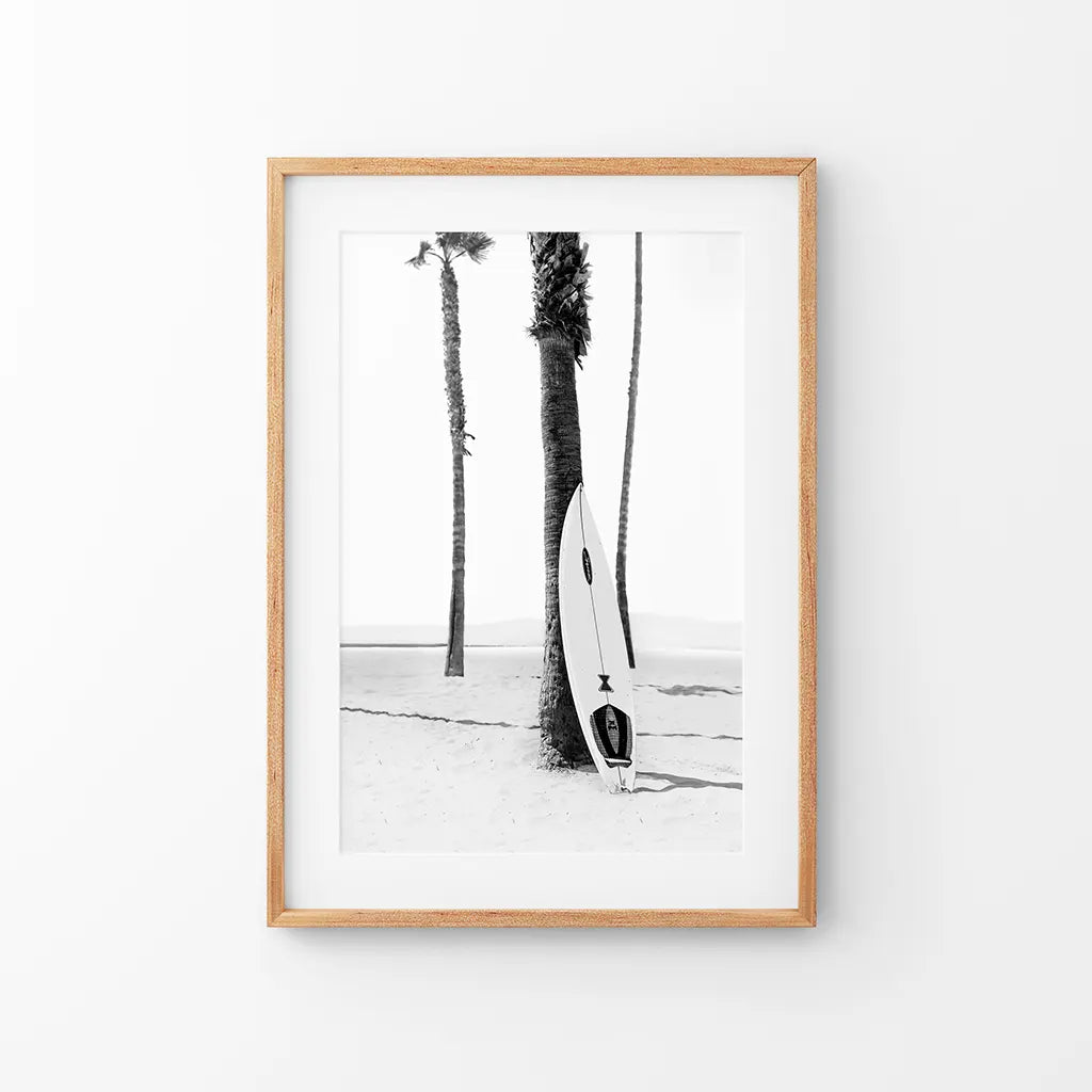 Black and White Boho Summer Poster - Surfboard and Palm Trees