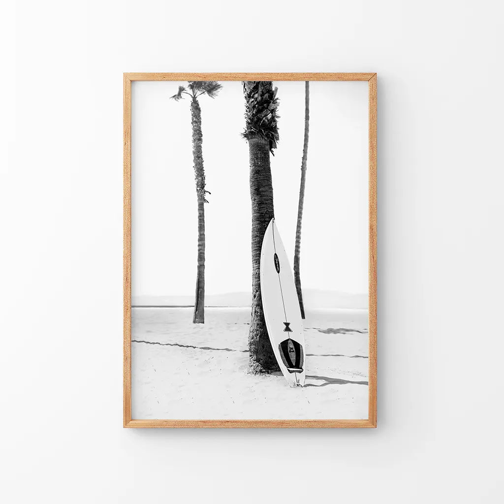 Black and white boho surfboard and palm trees coastal poster