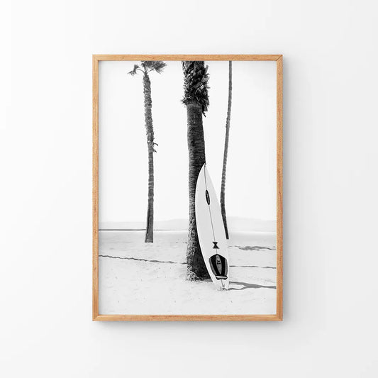 Black and white boho surfboard and palm trees coastal poster