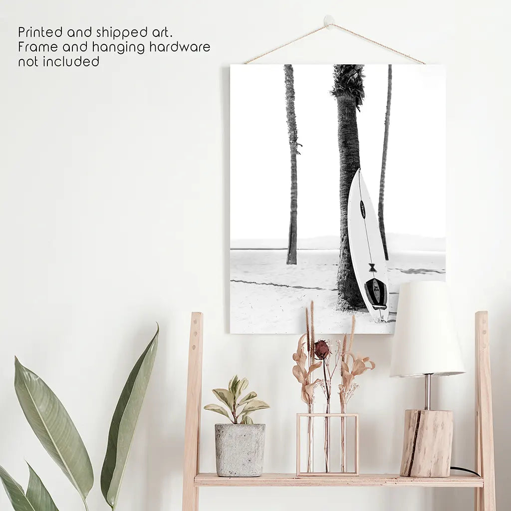 Black and White Boho Summer Poster - Surfboard and Palm Trees