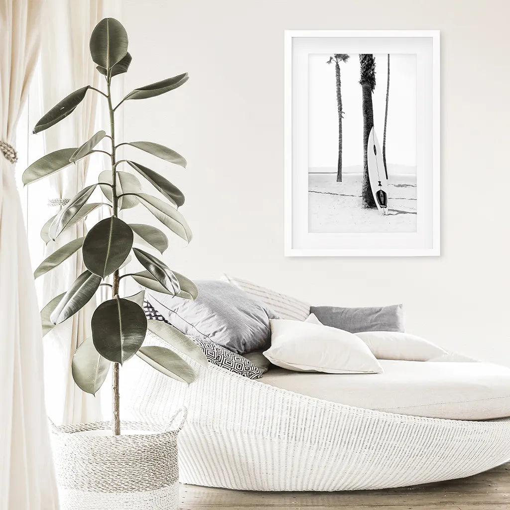 Black and White Boho Summer Poster - Surfboard and Palm Trees