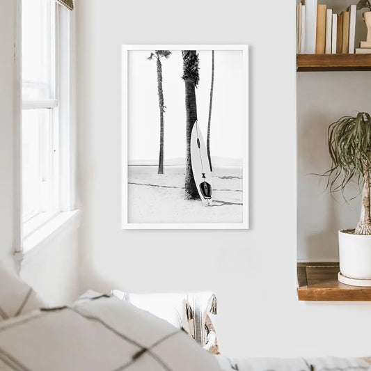 Black and White Boho Summer Poster - Surfboard and Palm Trees